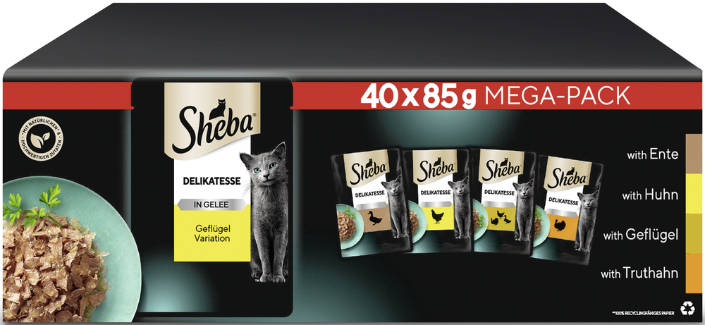 Sheba - Delikatesse Multipack Mega Pack Portionsbeutel Geflügel Variation in Gelee - 1 x 40x85g - 3