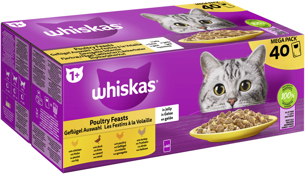 Whiskas - Geflügel Auswahl 4 Varietäten Huhn, Ente, Geflügel, Truthahn in Gelee - 1 x 40X85g - 2