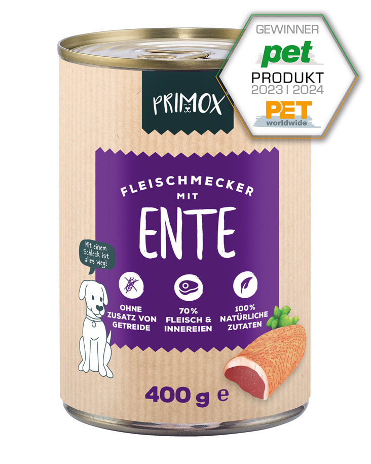 Primox Fleischmecker Nassfutter 400 g in Dose mit Ente PET Produkt Gewinner 2023/2024