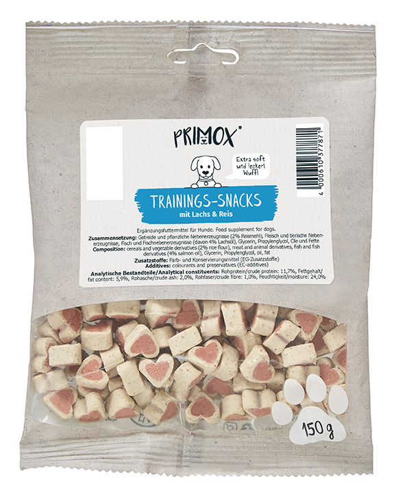 Primox Trainingssnacks 150 g im Beutel mit Lachs & Reis extra soft, extra lecker Zusammensetzung, Zusatzstoffe und analytische Bestandteile
