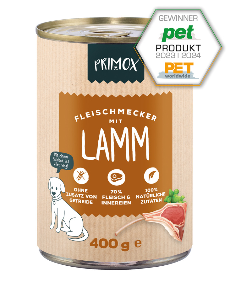 Primox Fleischmecker Nassfutter Dose 400 g mit Lamm PET Produkt Gewinner 2023/2024