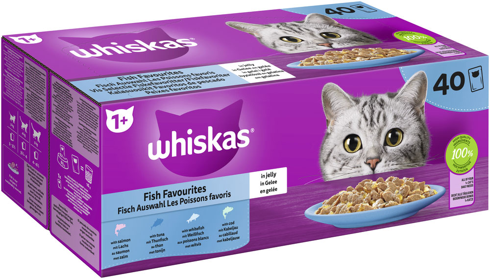 Whiskas - Fisch Auswahl 4 Varietäten Lachs, Thunfisch, Kabeljau, Weißfisch in Gelee - 1 x 40X85g - 2
