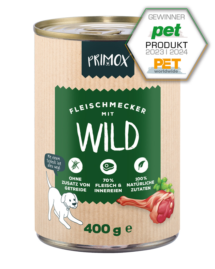 Primox Fleischmecker Nassfutter 400 g in Dose mit Wild PET Produkt Gewinner 2023/2024