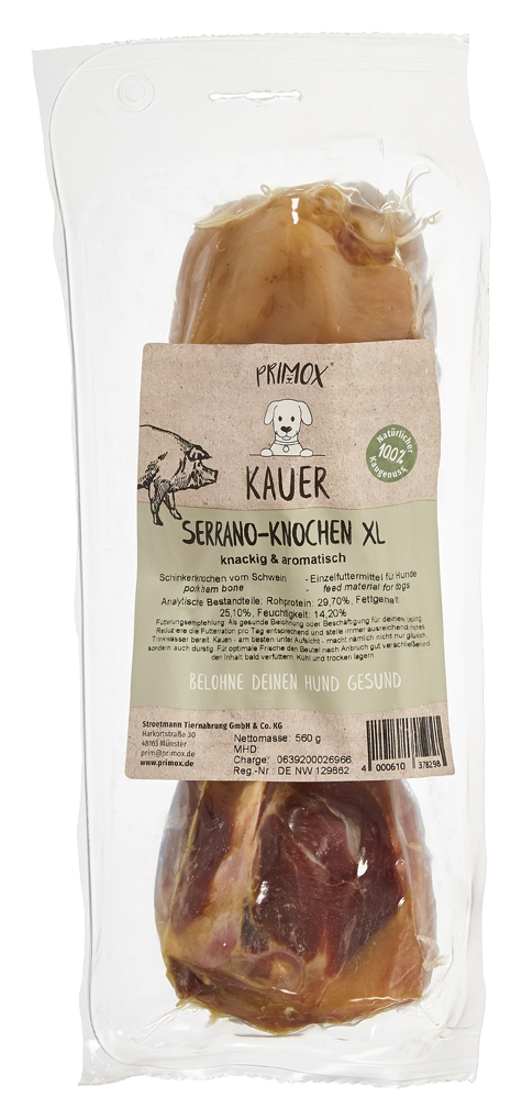 Primox Kauer Serrano Knochen XL 560 g vakuumverpackt knackig und aromatisch analytische Bestandteile und Fütterungsempfehlung