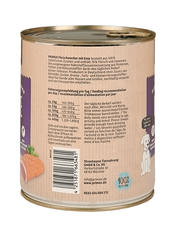 Primox Fleischmecker 800 g in Dose mit Ente Fütterungsempfehlung