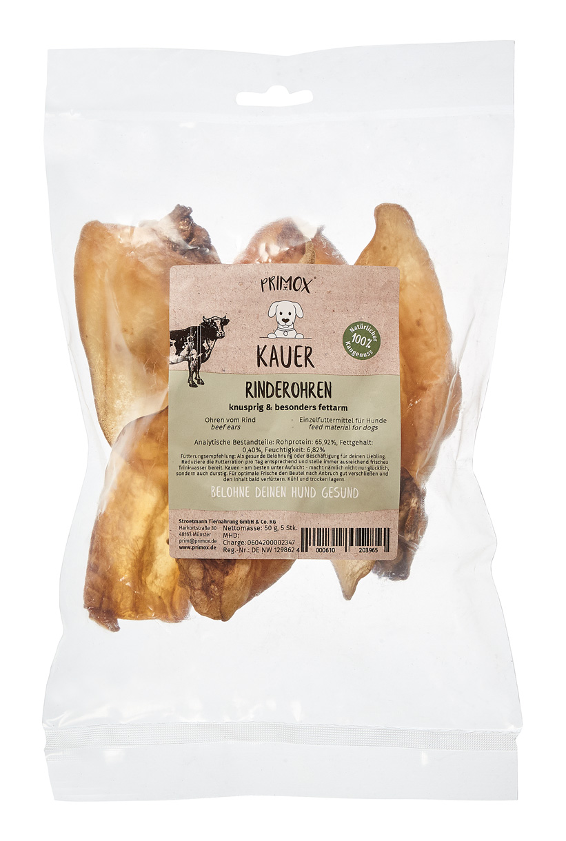 Primox Kauer Rinderohren 50 g knusprig und besonders fettarm analytische Bestandteile und Fütterungsempfehlung