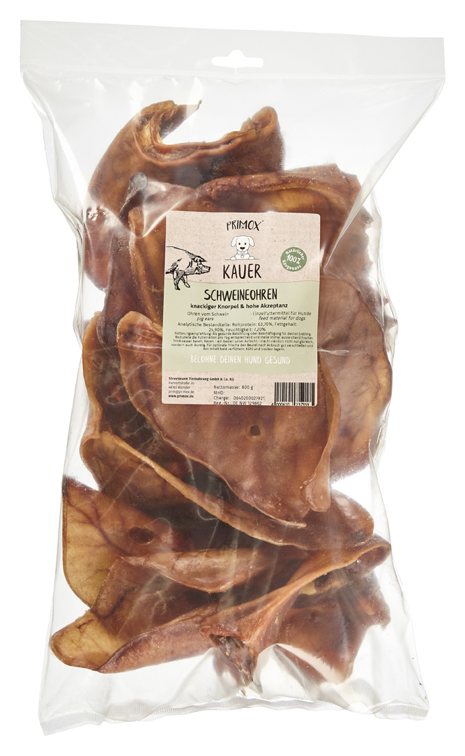 Primox Kauer Schweineohren 800 g im Beutel knackiger Knorpel & hohe Akzeptanz analytische Bestandteile und Fütterungsempfehlung