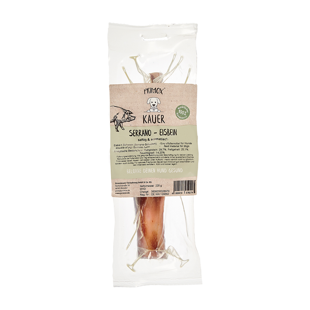 Primox Kauer Serrano-Eisbein 220 g vakuumverpackt saftig & aromatisch analytische Bestandteile und Fütterungsempfehlung