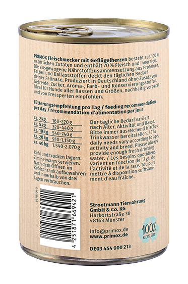 Primox Fleischmecker 400 g in Dose mit Geflügelherzen Fütterungsempfehlung