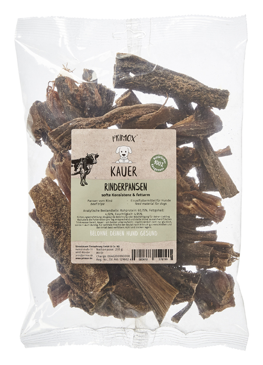 Primox Kauer Rinderpansen 250 g im Beutel softe Konsistenz & fettarm analytische Bestandteile und Fütterungsempfehlung