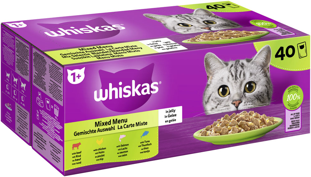 Whiskas - Gemischte Auswahl 4 Varietäten Rind, Huhn, Lachs, Thunfisch in Gelee - 1 x 40X85g - 2