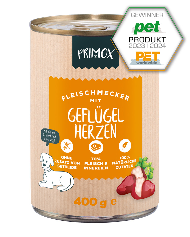 Primox Fleischmecker 400 g in Dose mit Geflügelherzen PET Produktgewinner 2023/2024