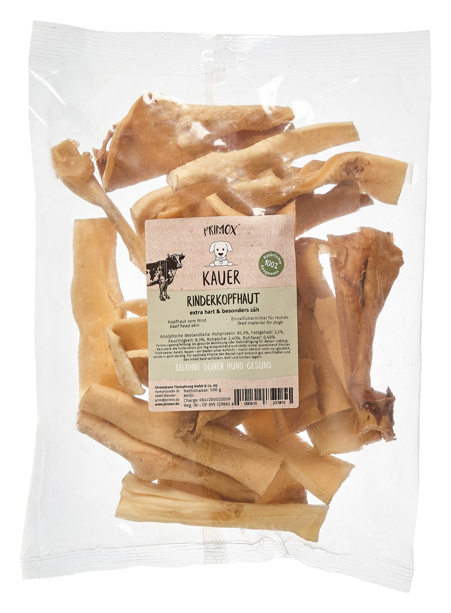 Primox Kauer Rinderkopfhaut 500 g im Beutel extra hart und besonders zäh analytische Bestandteile und Fütterungsempfehlung