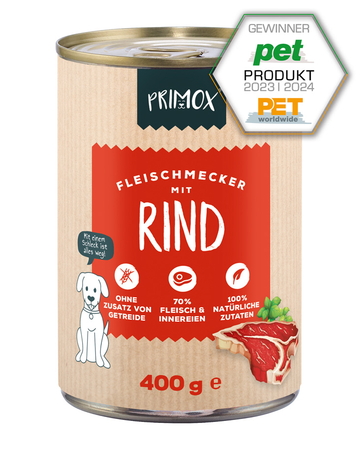 Primox Fleischmecker Nassfutter 400 g in Dose mit Rind PET Produkt Gewinner 2023/2024