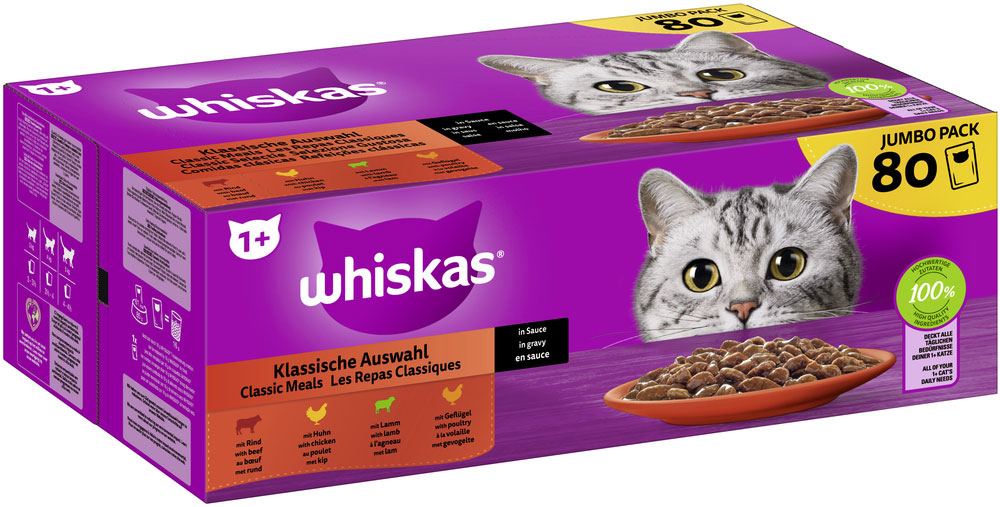 Whiskas - Multipack Jumbo Pack 1+ Klassische Auswahl in Sauce - 1 x 80X85g - 2