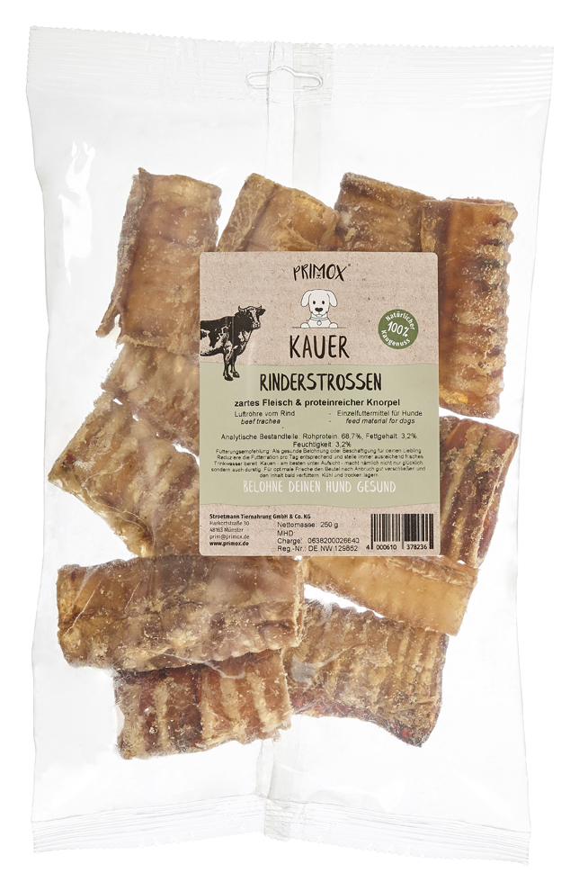 Primox Kauer Rinderstrossen 250 g im Beutel zartes Fleisch & proteinreicher Knorpel analytische Bestandteile und Fütterungsempfehlung