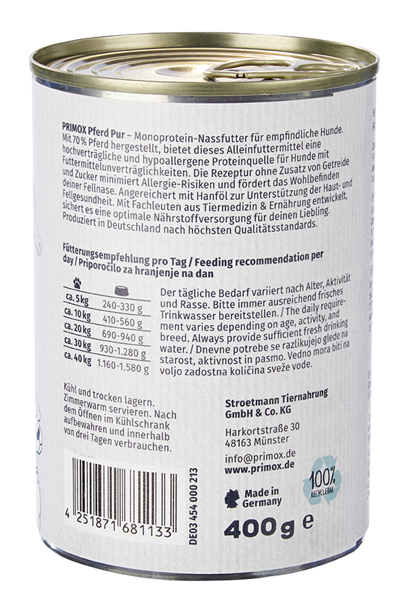 Primox - Hunde Nassfutter Pferd PUR 6 x 400G - 6 x 400g - 7