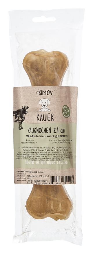 Primox Kauer Kauknochen 21 cm 170 g vakuumverpackt 100% Rinderhaut -ö knackig und fettarm analytische Bestandteile und Fütterungsempfehlung