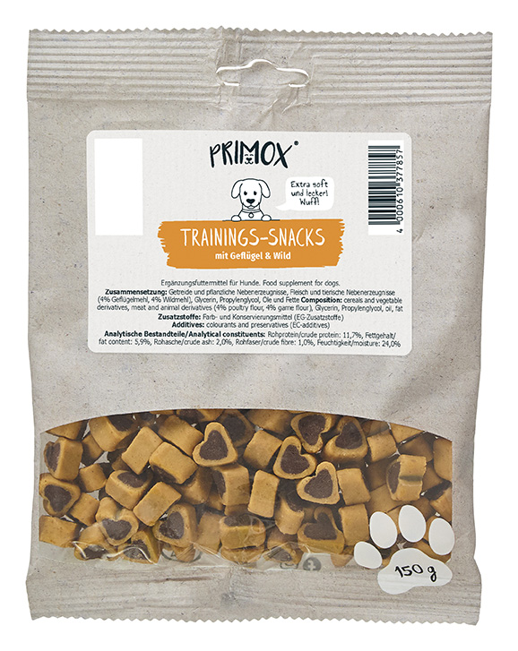 Primox Trainingssnacks 150 g im Beutel mit Geflügel & Wild extra soft, extra lecker Zusammensetzung, Zusatzstoffe und analytische Bestandteile