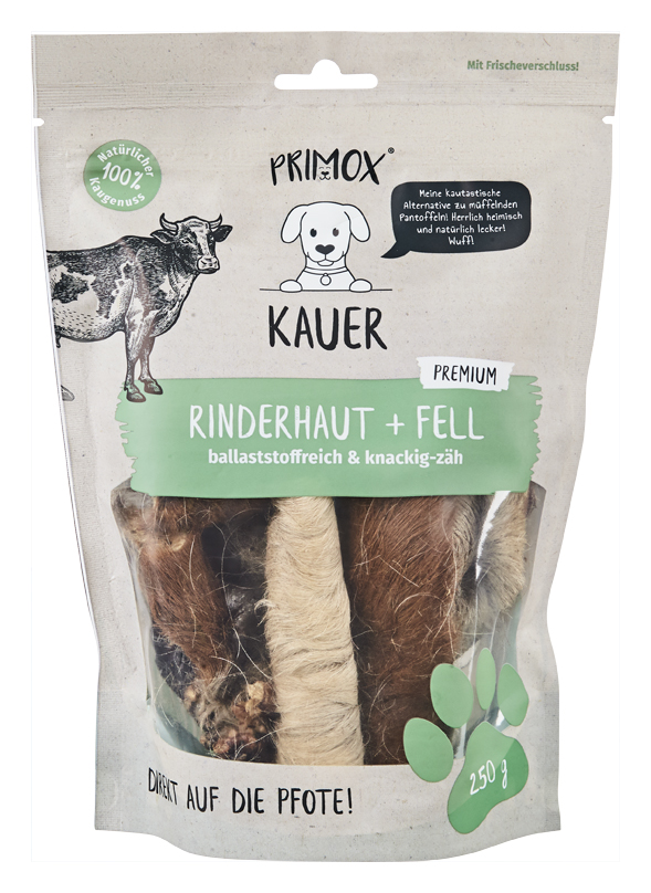 Primox Kauer Rinderhaut mit Fell 250 g im Beutel ballaststoffreich & knackig-zäh
